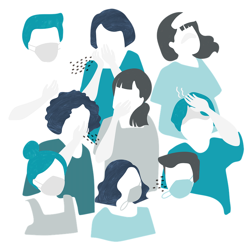Graphic of group of people wearing masks and one sneezing