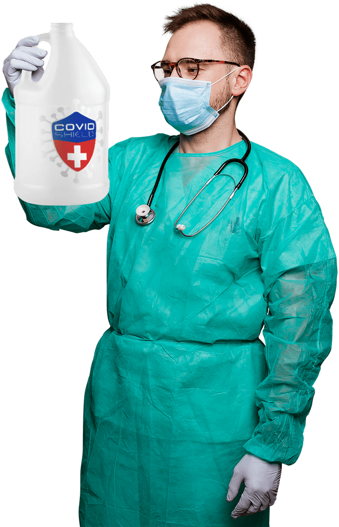 Doctor holding gallon of COVID Shield Disinfectant